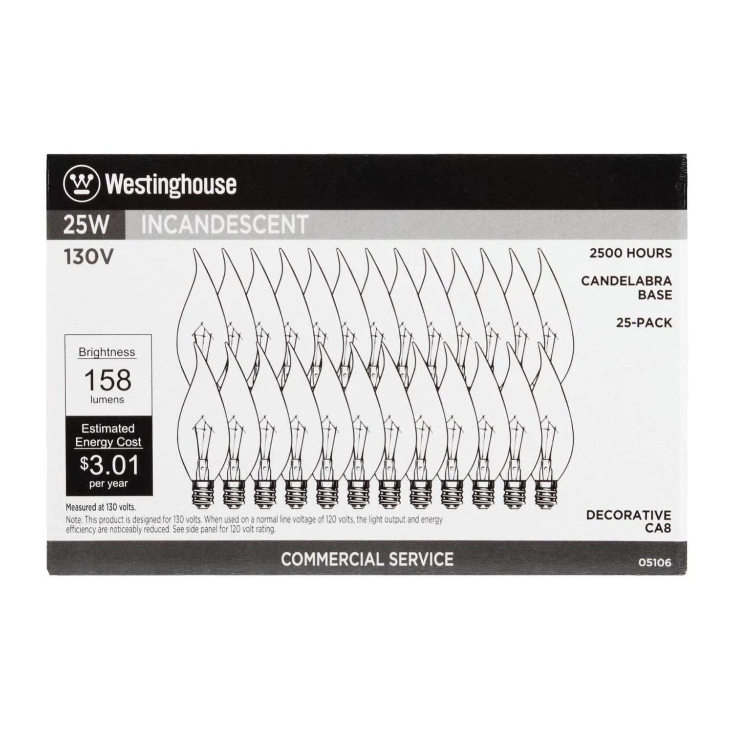 Westinghouse 25 W CA8 Decorative Incandescent Bulb E12 (Candelabra) Warm White 25 Pk 4 Westinghouse 25 W CA8 Decorative Incandescent Bulb E12 (Candelabra) Warm White 25 Pk - Image 2