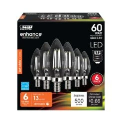 Feit Enhance B10 E12 (Candelabra) LED Bulb Soft White 60 Watt Equivalence 6 Pk