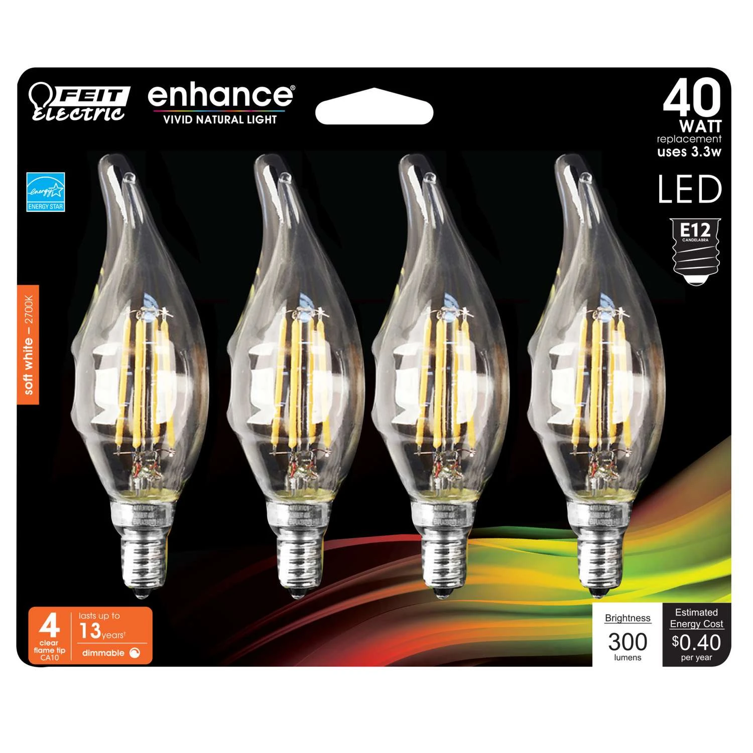 Feit Enhance CA10 (Flame Tip) E12 (Candelabra) Filament LED Bulb Soft White 40 Watt Equivalence 4 Pk 3 Feit Enhance CA10 (Flame Tip) E12 (Candelabra) Filament LED Bulb Soft White 40 Watt Equivalence 4 Pk