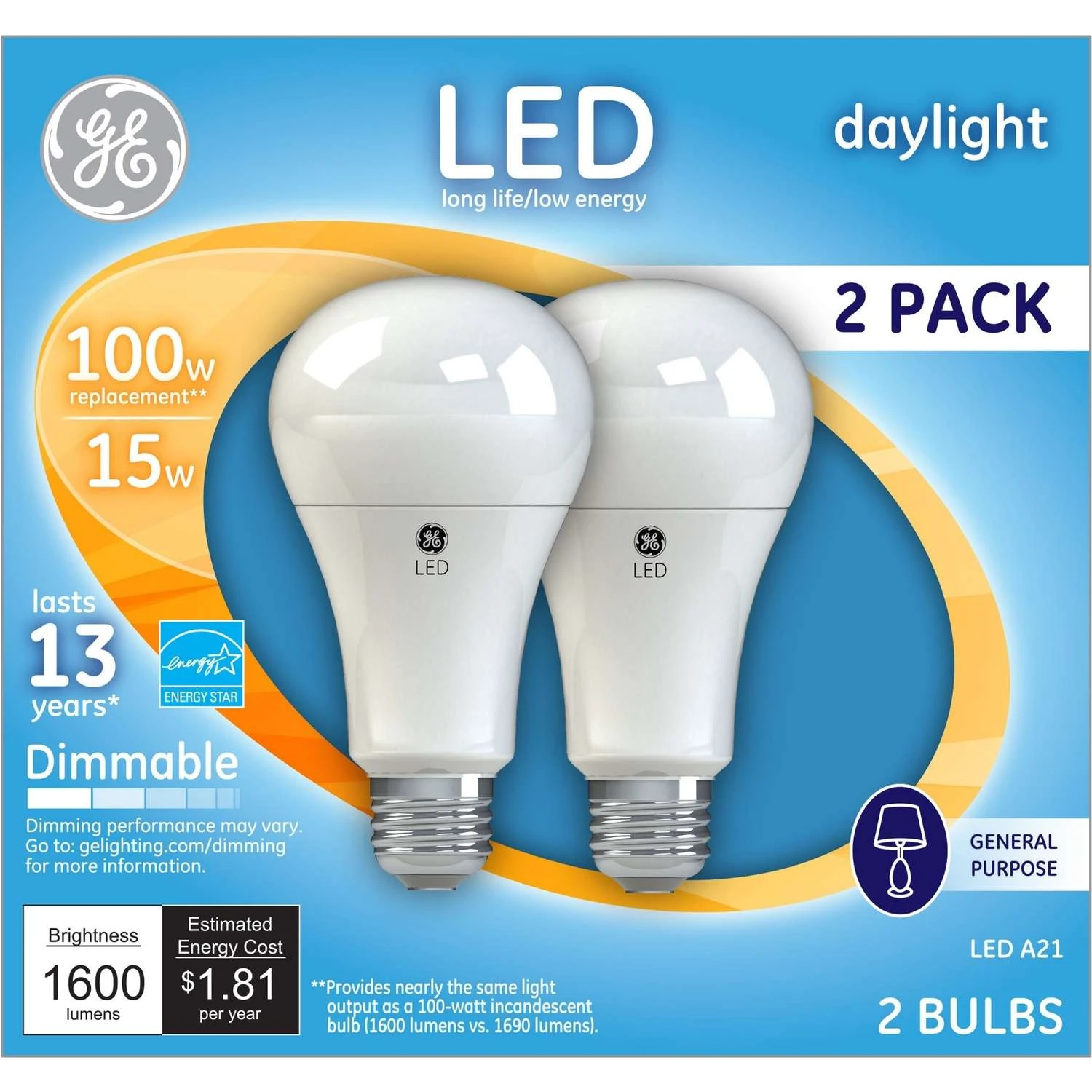 GE A21 E26 (Medium) LED Bulb Daylight 100 Watt Equivalence 2 Pk 3 GE A21 E26 (Medium) LED Bulb Daylight 100 Watt Equivalence 2 Pk