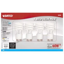 Satco 13 W T2 1.81 In. D X 4.13 In. L CFL Bulb Soft White Compact 2700 K 4 Pk