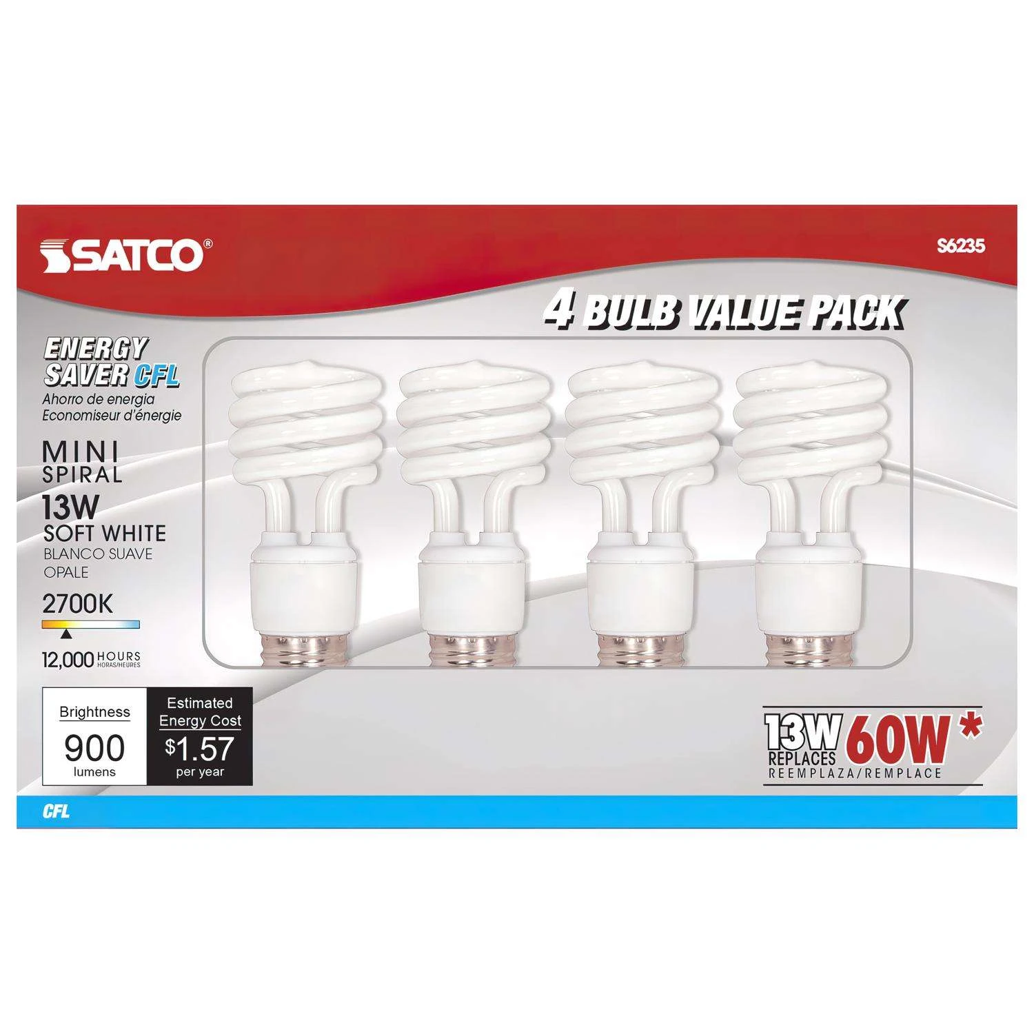 Satco 13 W T2 1.81 In. D X 4.13 In. L CFL Bulb Soft White Compact 2700 K 4 Pk 3 Satco 13 W T2 1.81 In. D X 4.13 In. L CFL Bulb Soft White Compact 2700 K 4 Pk