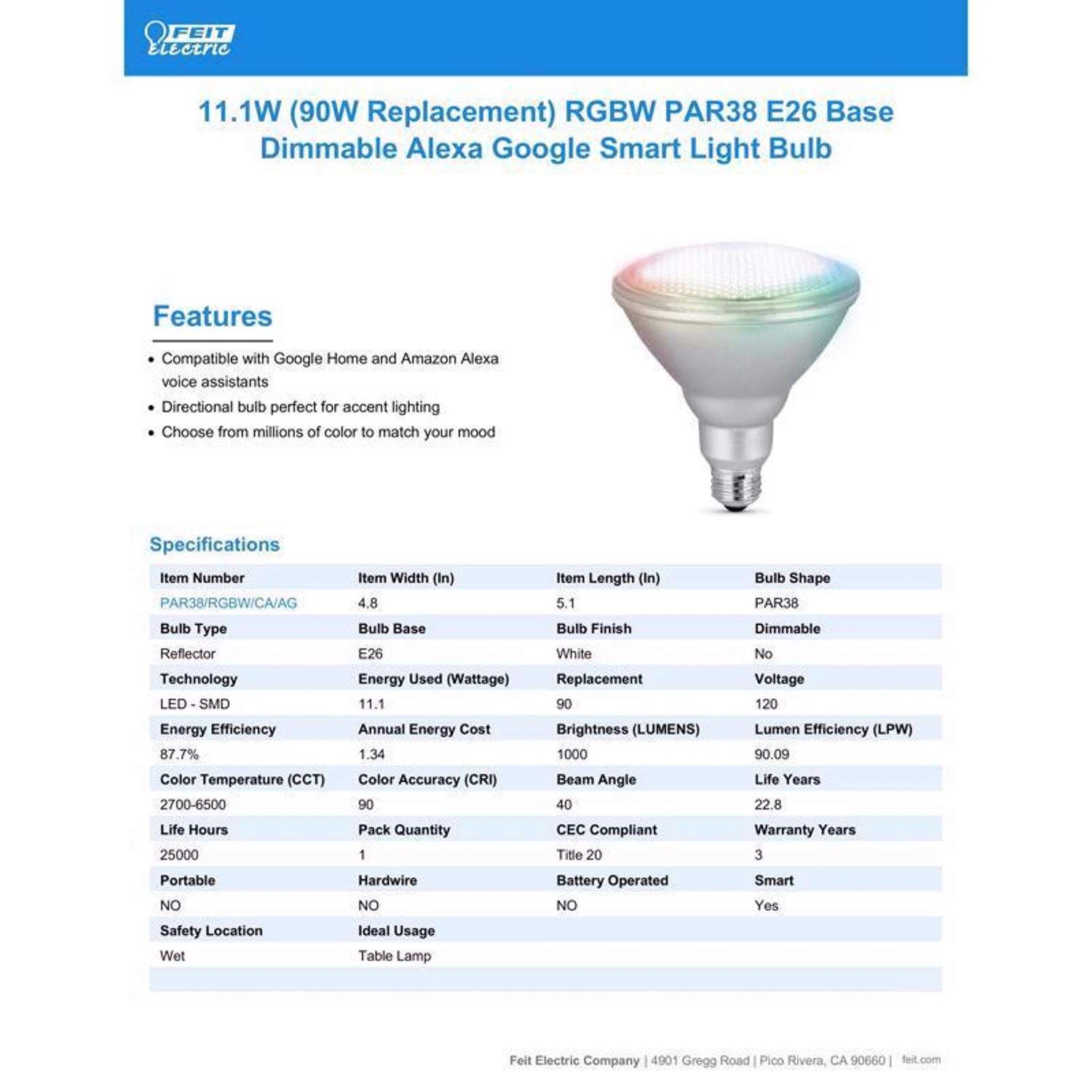 Feit Smart Home PAR38 E26 (Medium) Smart-Enabled LED Bulb Color Changing 90 Watt Equivalence 1 Pk 12 Feit Smart Home PAR38 E26 (Medium) Smart-Enabled LED Bulb Color Changing 90 Watt Equivalence 1 Pk - Image 10