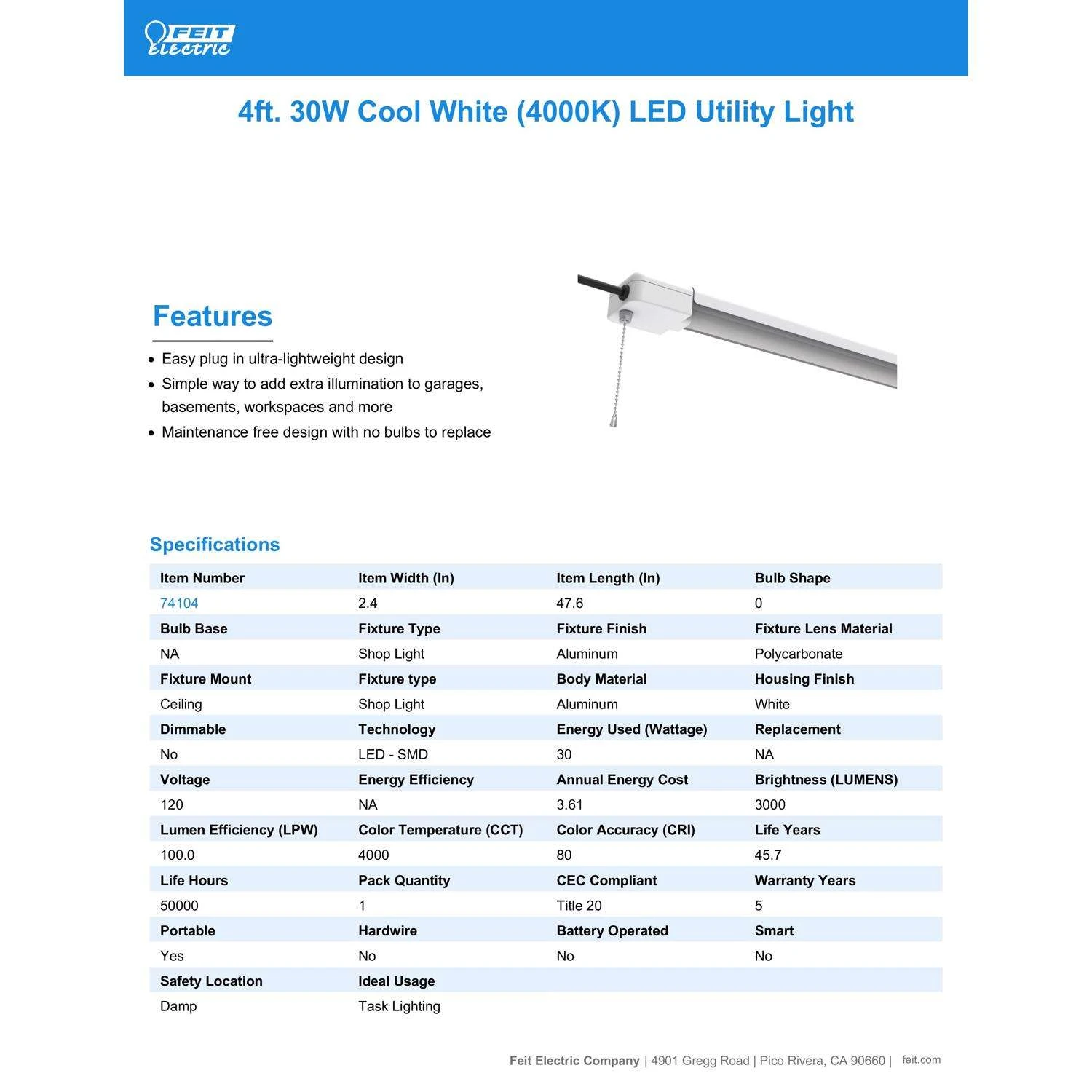 Feit SHOP 48 In. 1-Light Each 30 W LED Shop Light 7 Feit SHOP 48 In. 1-Light Each 30 W LED Shop Light - Image 5