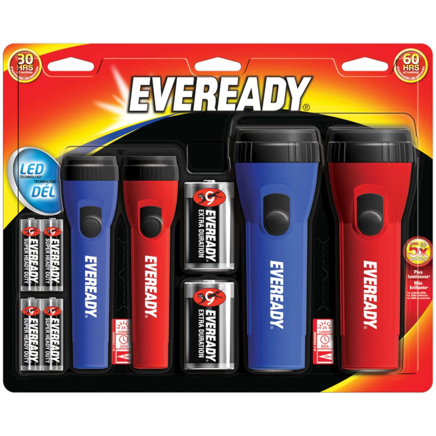 Eveready 25 Lm Black/Blue/Red LED Flashlight AA/D Battery 3 Eveready 25 Lm Black/Blue/Red LED Flashlight AA/D Battery