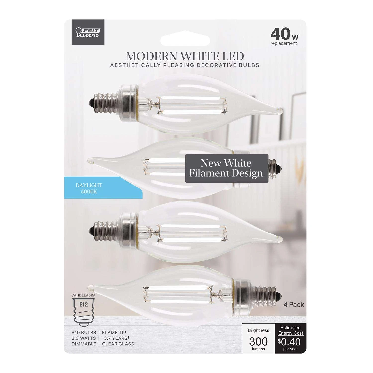 Feit White Filament BA10 E12 (Candelabra) Filament LED Bulb Daylight 40 Watt Equivalence 4 Pk 3 Feit White Filament BA10 E12 (Candelabra) Filament LED Bulb Daylight 40 Watt Equivalence 4 Pk