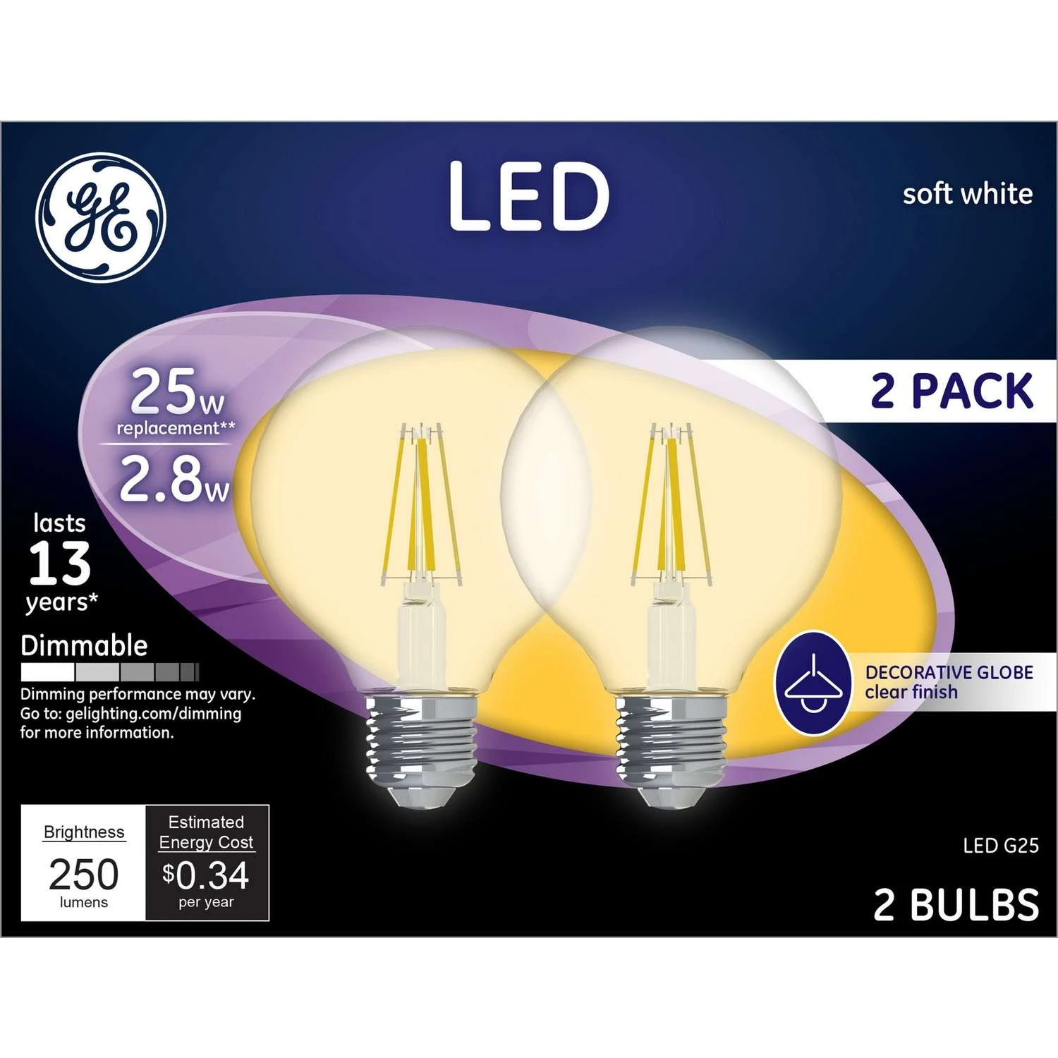 GE G25 E26 (Medium) LED Bulb Soft White 25 Watt Equivalence 2 Pk 3 GE G25 E26 (Medium) LED Bulb Soft White 25 Watt Equivalence 2 Pk