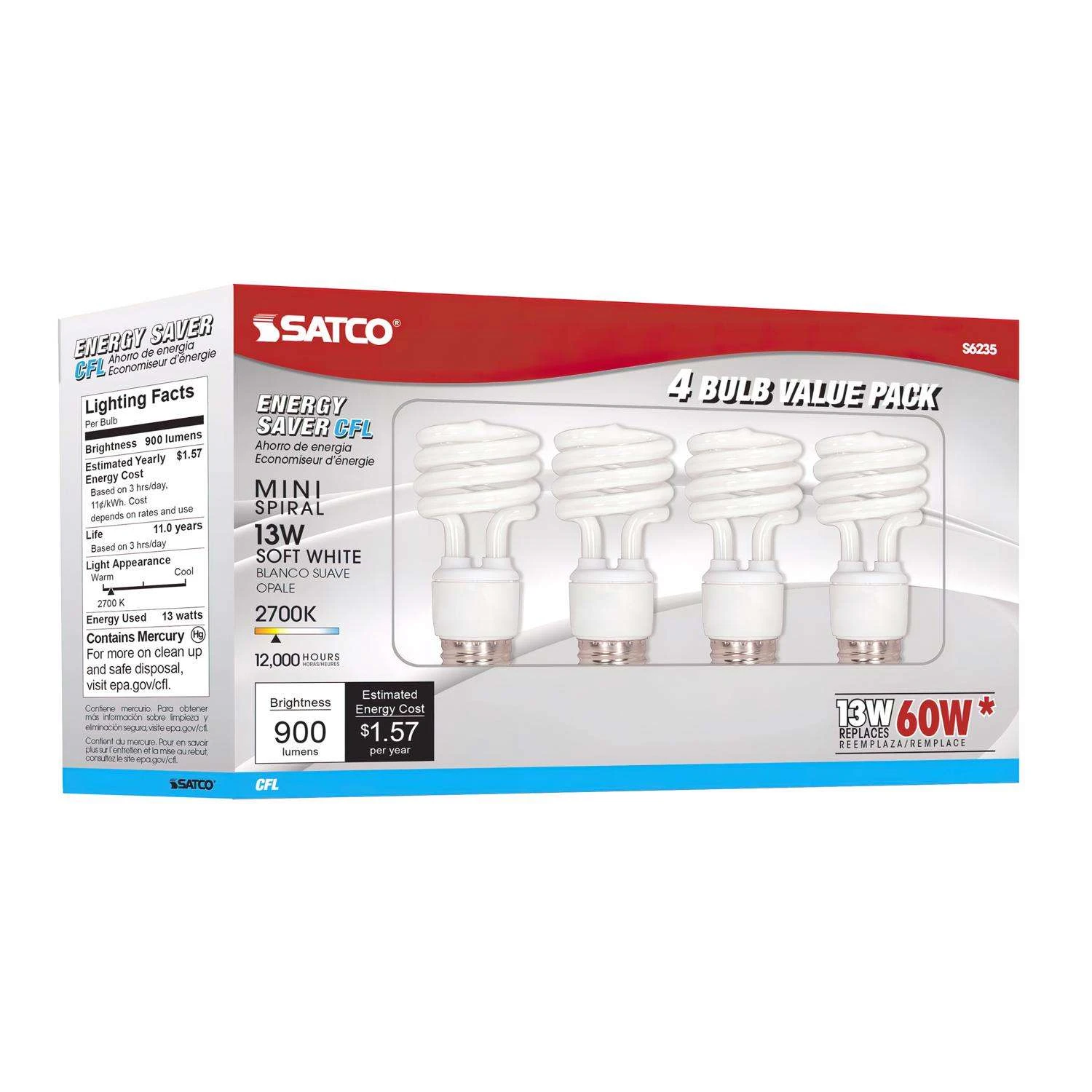 Satco 13 W T2 1.81 In. D X 4.13 In. L CFL Bulb Soft White Compact 2700 K 4 Pk 6 Satco 13 W T2 1.81 In. D X 4.13 In. L CFL Bulb Soft White Compact 2700 K 4 Pk - Image 4