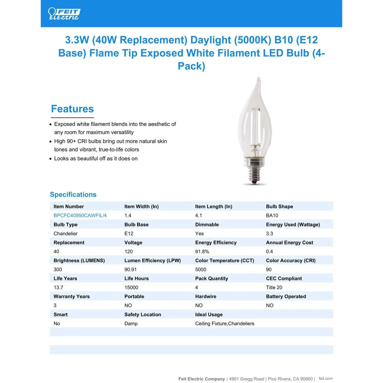 Feit White Filament BA10 E12 (Candelabra) Filament LED Bulb Daylight 40 Watt Equivalence 4 Pk 11 Feit White Filament BA10 E12 (Candelabra) Filament LED Bulb Daylight 40 Watt Equivalence 4 Pk - Image 9