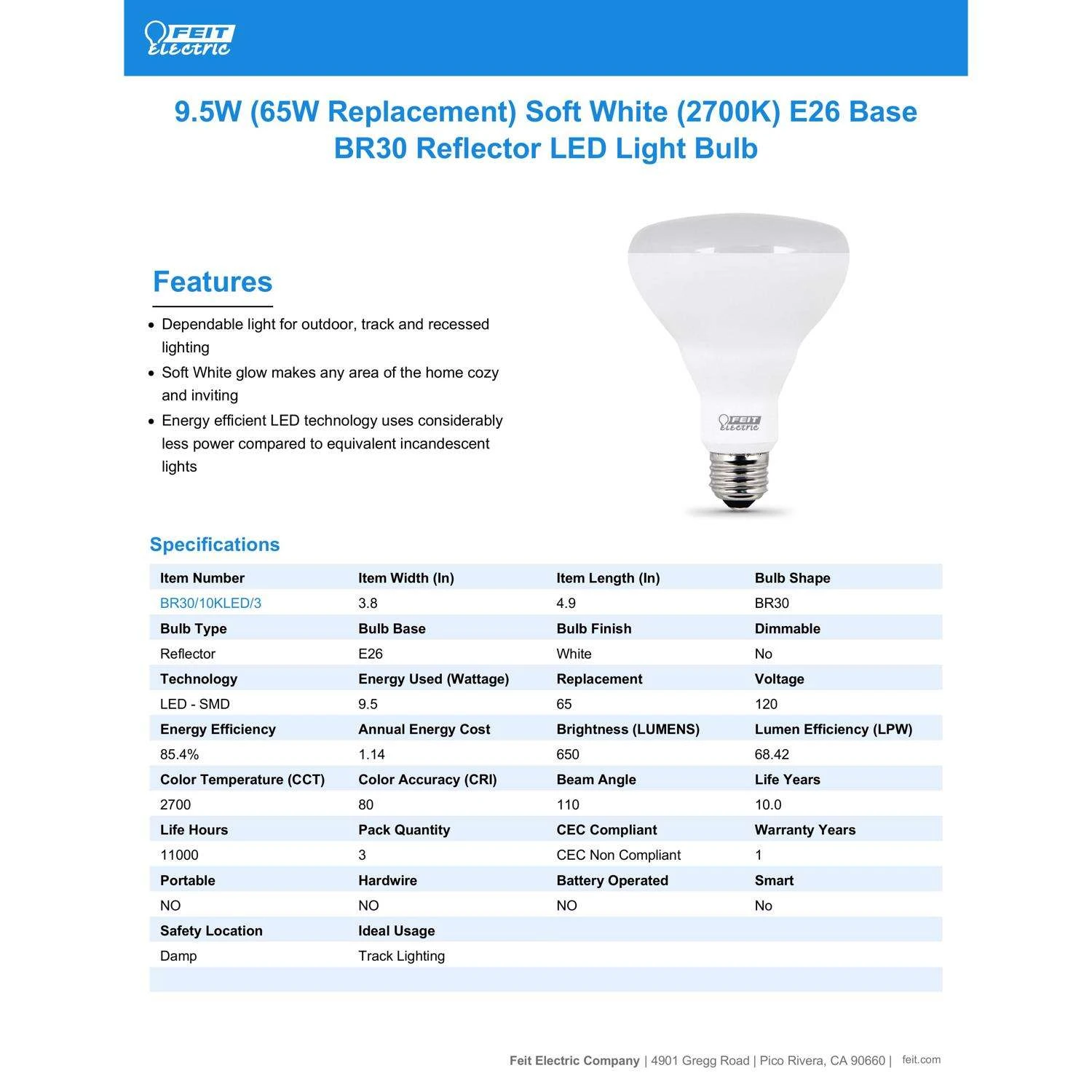 Feit LED BR30 E26 (Medium) LED Bulb Soft White 65 Watt Equivalence 3 Pk 6 Feit LED BR30 E26 (Medium) LED Bulb Soft White 65 Watt Equivalence 3 Pk - Image 4