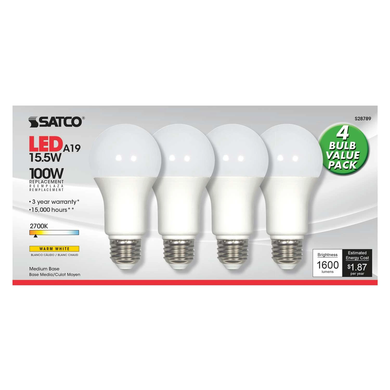 Satco A19 E26 (Medium) LED Bulb Warm White 100 Watt Equivalence 4 Pk 5 Satco A19 E26 (Medium) LED Bulb Warm White 100 Watt Equivalence 4 Pk - Image 3