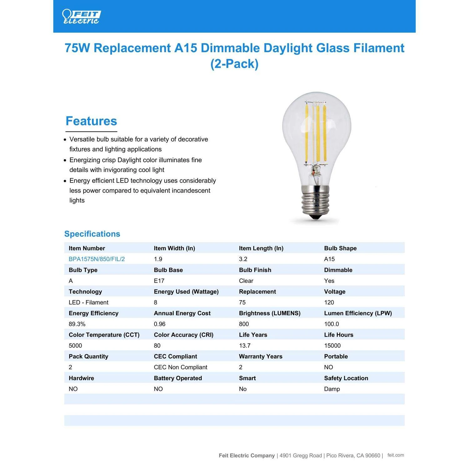 Feit LED A15 E17 (Intermediate) Filament LED Bulb Daylight 75 Watt Equivalence 2 Pk 7 Feit LED A15 E17 (Intermediate) Filament LED Bulb Daylight 75 Watt Equivalence 2 Pk - Image 5