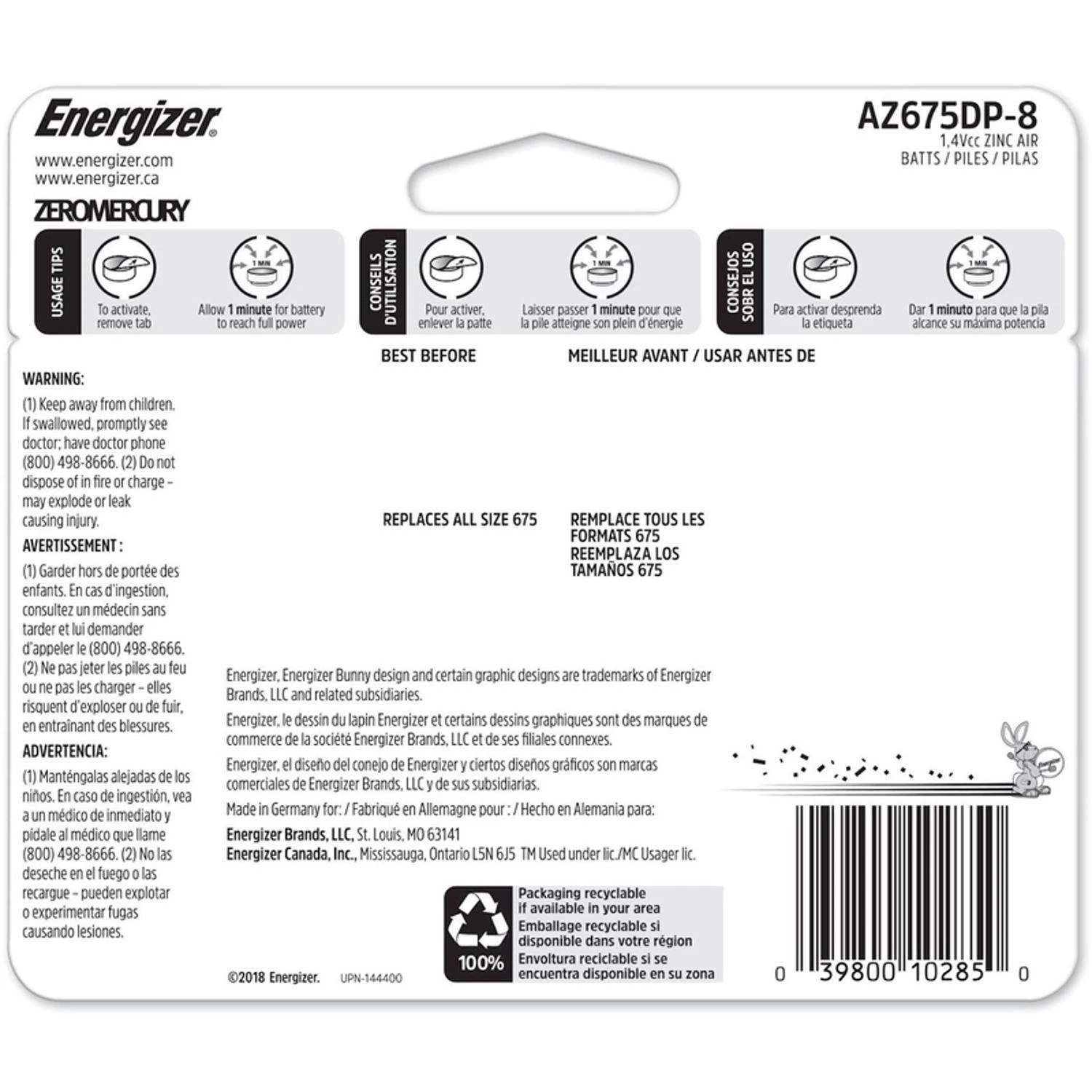 Energizer Zinc Air 675 1.4 V 0.62 Ah Hearing Aid Battery 8 Pk 4 Energizer Zinc Air 675 1.4 V 0.62 Ah Hearing Aid Battery 8 Pk - Image 2
