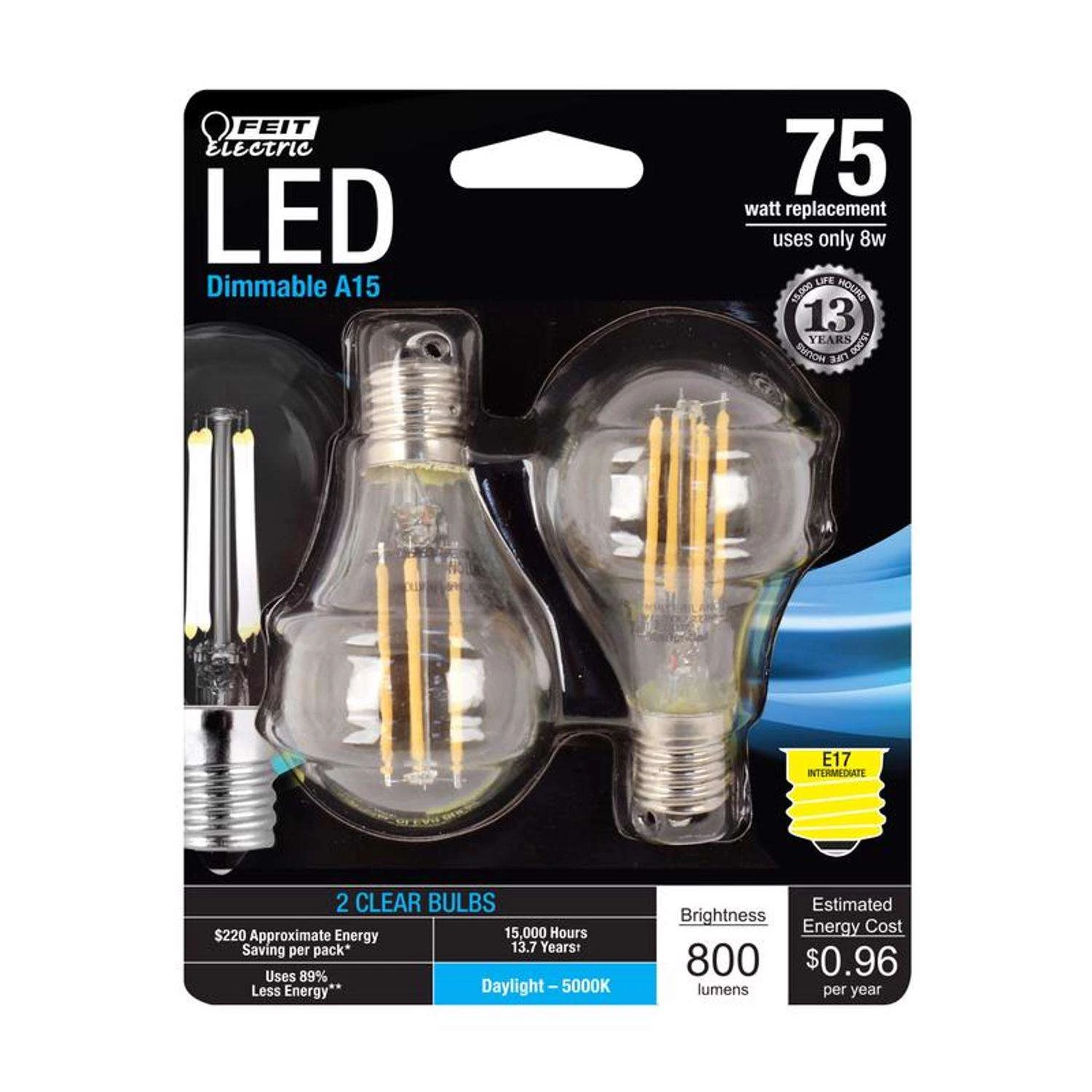 Feit LED A15 E17 (Intermediate) Filament LED Bulb Daylight 75 Watt Equivalence 2 Pk 3 Feit LED A15 E17 (Intermediate) Filament LED Bulb Daylight 75 Watt Equivalence 2 Pk
