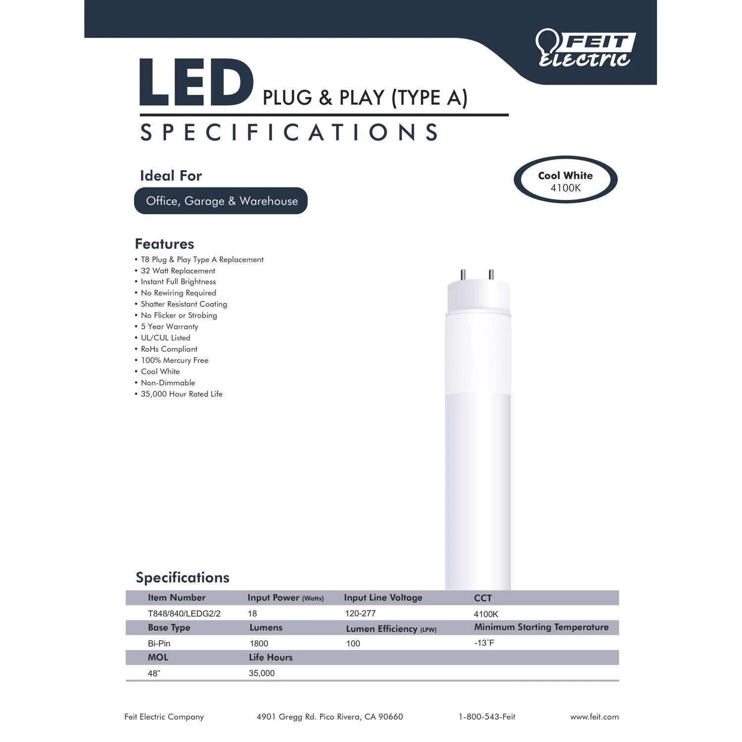 Feit Plug & Play Linear Lamp Cool White 47.5 In. Bi-Pin T8 LED Bulb 32 Watt Equivalence 2 Pk 10 Feit Plug & Play Linear Lamp Cool White 47.5 In. Bi-Pin T8 LED Bulb 32 Watt Equivalence 2 Pk - Image 8