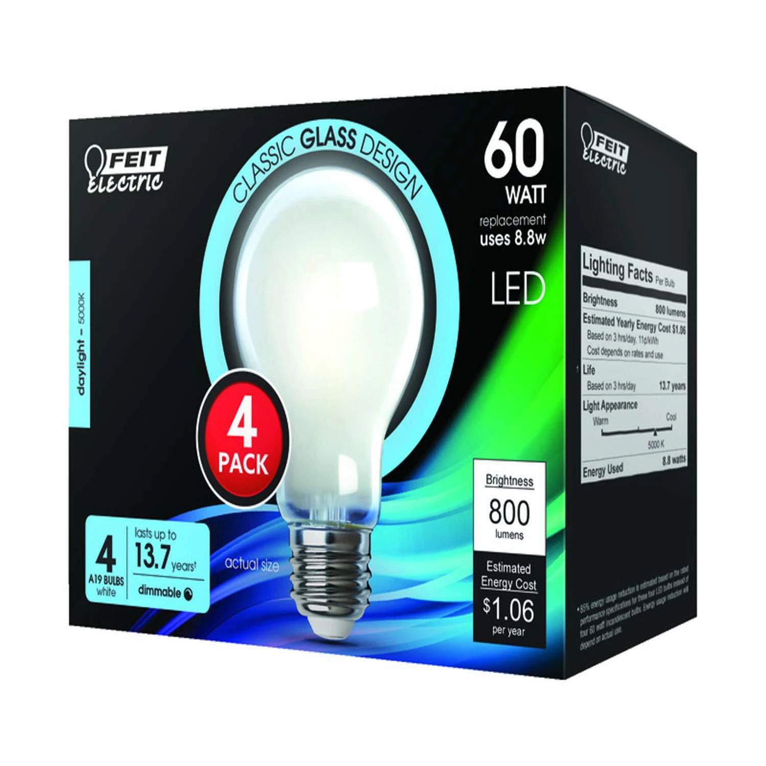 Feit A19 E26 (Medium) LED Bulb Daylight 60 Watt Equivalence 4 Pk 3 Feit A19 E26 (Medium) LED Bulb Daylight 60 Watt Equivalence 4 Pk