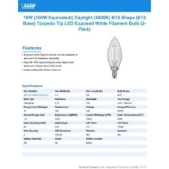 Feit White Filament B10 E12 (Candelabra) Filament LED Bulb Daylight 100 Watt Equivalence 2 Pk -Luminexm Store faeaf49e 0b76 4c96 8758 7cc1ed4f4ad3